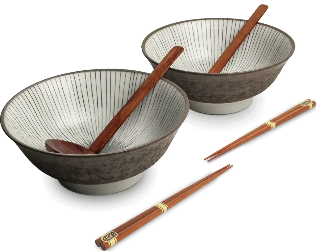 CHIKYU GYO 2er Ramenschale Set mit Holzlöffeln und Stäbchen 6-teilig