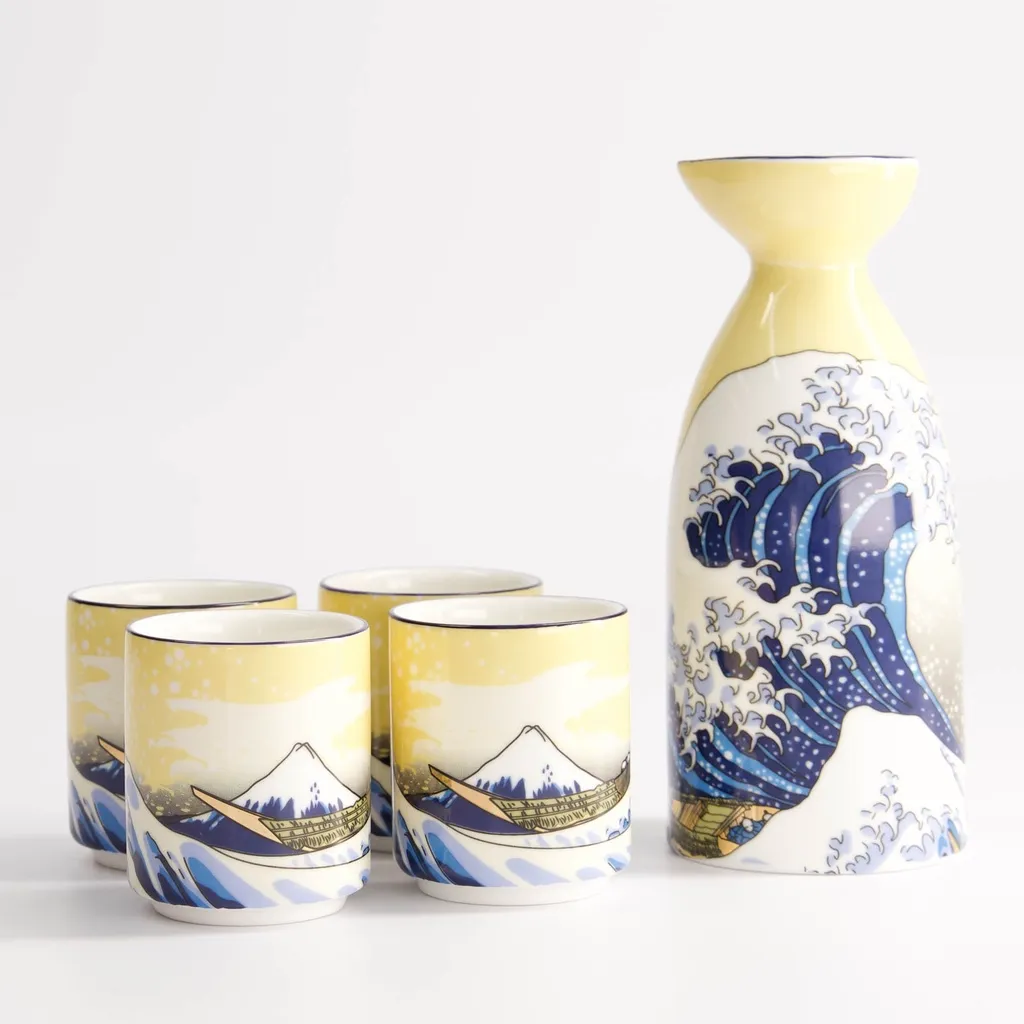 [JN21677] (D/R) HOKUSAI Sake Set 5-teilig 120ml/50ml - gelb/blau