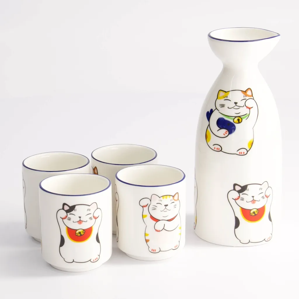 [JN21689] GLÜCKKATZE Sake Set 5-teilig 120ml/50ml - weiß Box 1/12