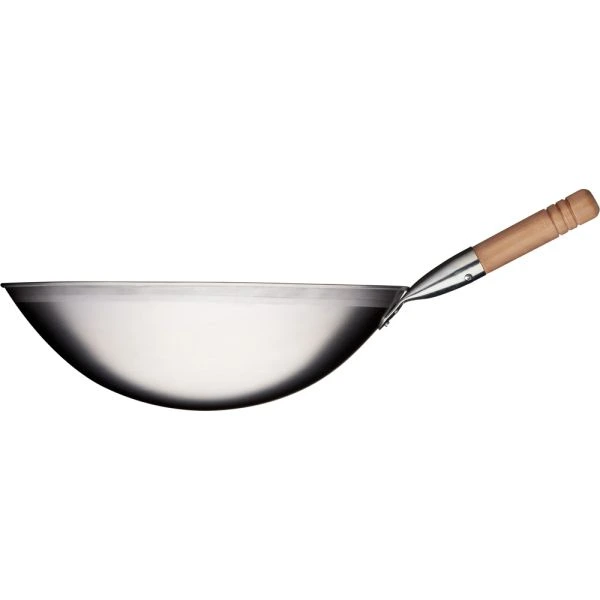 Wok-Pfanne D40 H12, langer Holzgriff, Edelstahl gebürstet