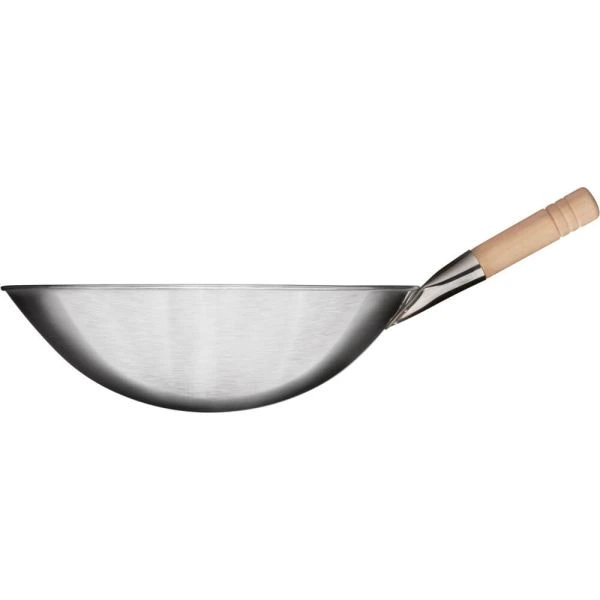 Wok-Pfanne D40 H12, kurzer Holzgriff, Edelstahl gebürstet