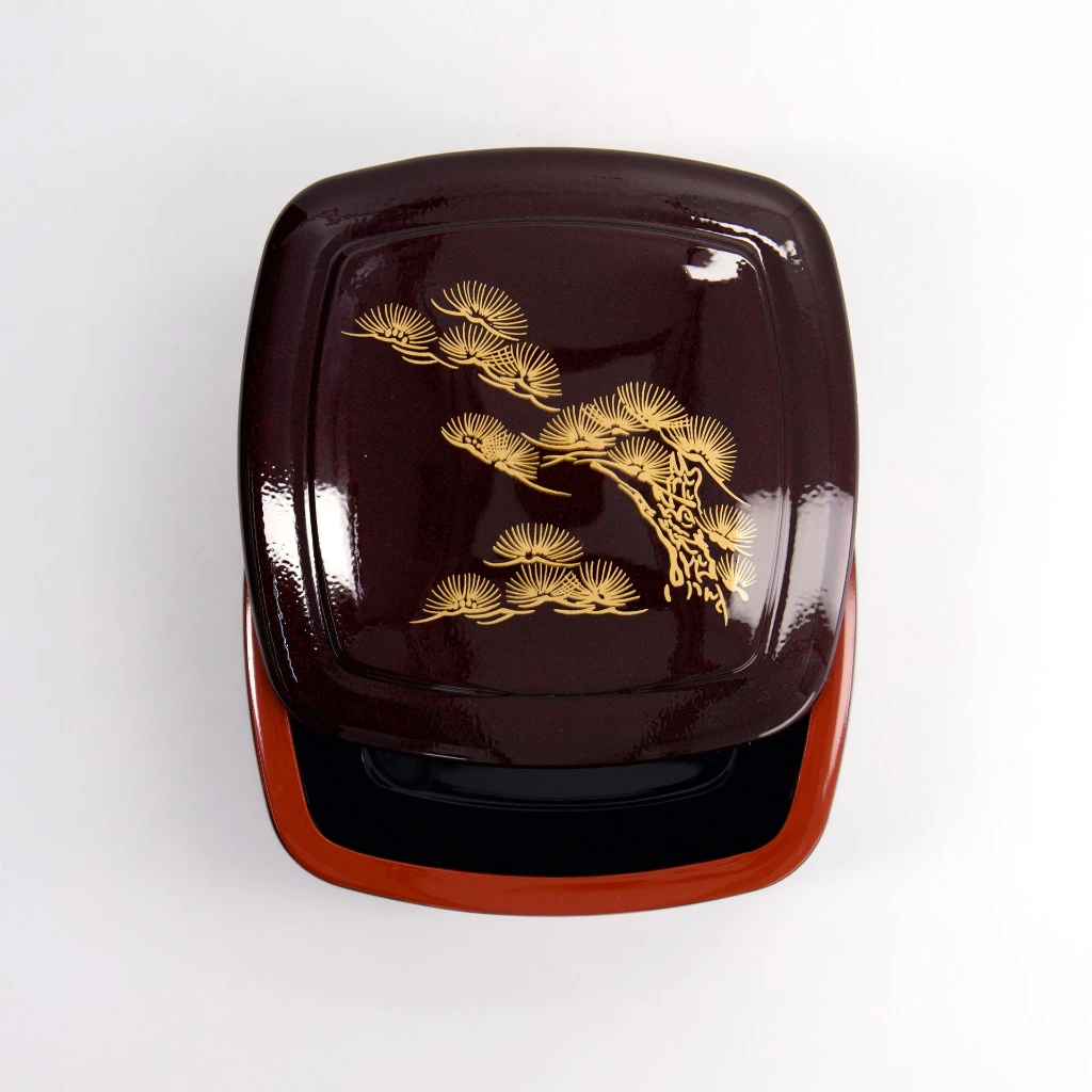 Chirashi Box mit Deckel 15x15x8,5cm - braun/rot/schwarz