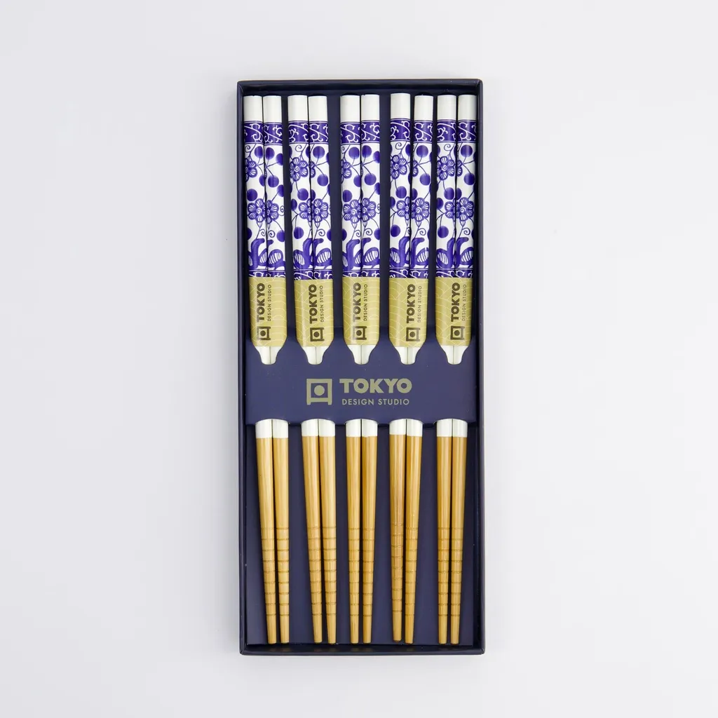 [JN17950] (F) WELLEN 5er Stäbchen Set aus Bambus - weiß/blau